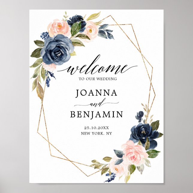 Navy Blue Blue Blush Geometric Wedding Welcome Poster (Front)