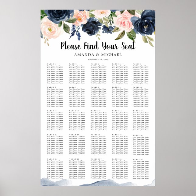 Navy Blue Blue Blush Pink Botanical Seating Chart (Front)