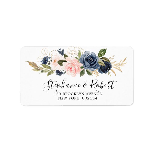 Navy Blue Blue Blush Pink Rose Botanical Address Label (Front)