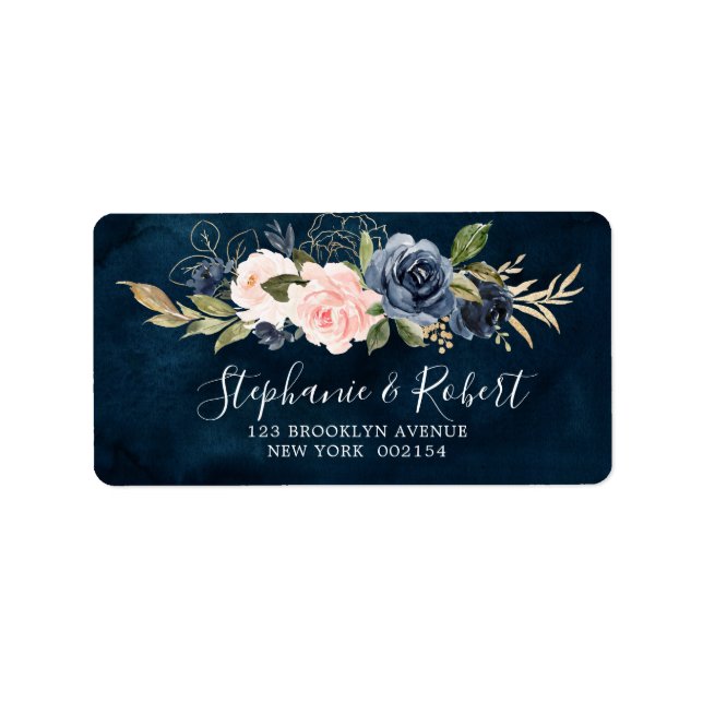 Navy Blue Blue Blush Pink Rose Botanical Address Label (Front)