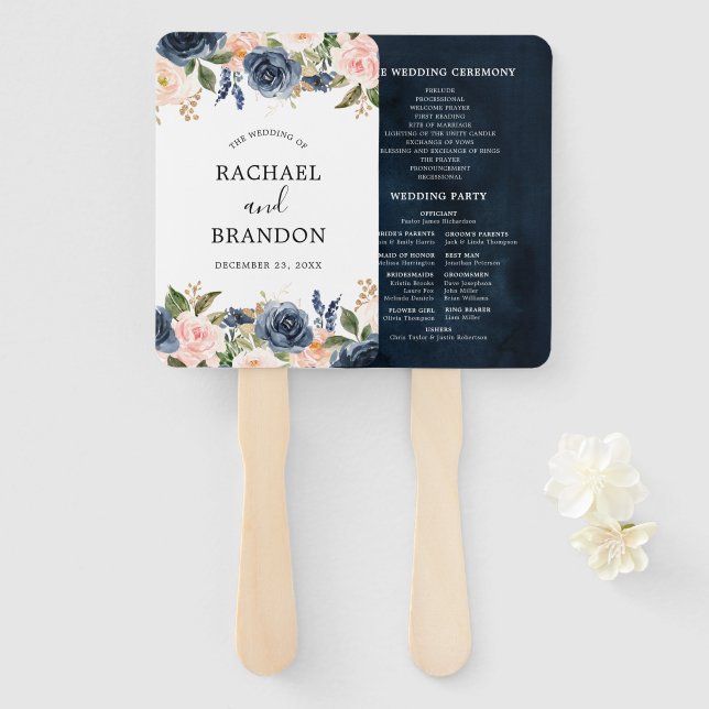 Navy Blue Blue Blush Pink Rose Botanical Hand Fan (Front and Back)