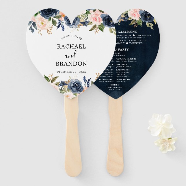 Navy Blue Blue Blush Pink Rose Botanical Heart Hand Fan (Front and Back)