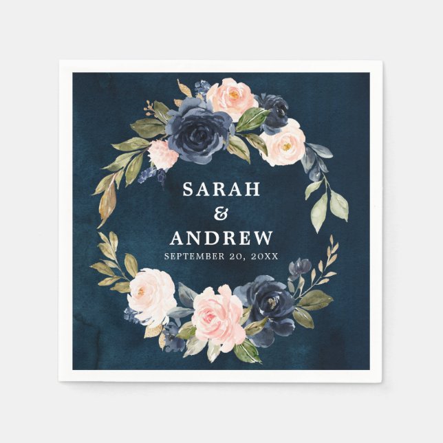 Navy Blue Blue Blush Pink Rose Botanical Napkin (Front)