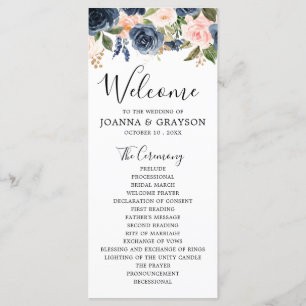 Navy Blue Blue Blush Pink Rose Botanical Wedding Programme