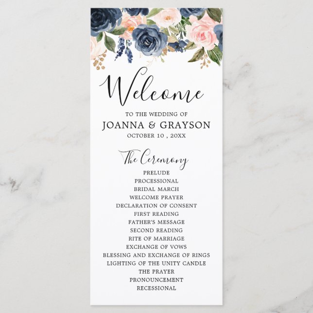 Navy Blue Blue Blush Pink Rose Botanical Wedding Programme (Front)