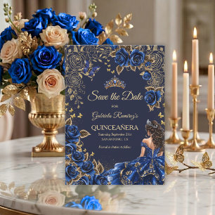 Navy Blue Blue Golden Tiara  Roses Quinceañera Save The Date