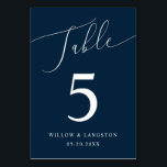 Navy Blue Blue Minimal Wedding Table Number<br><div class="desc">Minimal and elegant wedding table number featuring modern script text that says "Table" at the top on a navy blue background.</div>