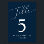Navy Blue Blue Minimal Wedding Table Number<br><div class="desc">Minimal and elegant wedding table number featuring modern script text that says "Table" at the top on a navy blue background.</div>