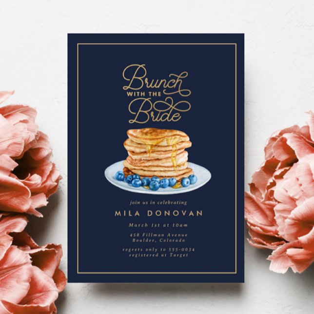 Navy Blue Blueberry Pancakes Bridal Shower Brunch Invitation (Creator Uploaded)