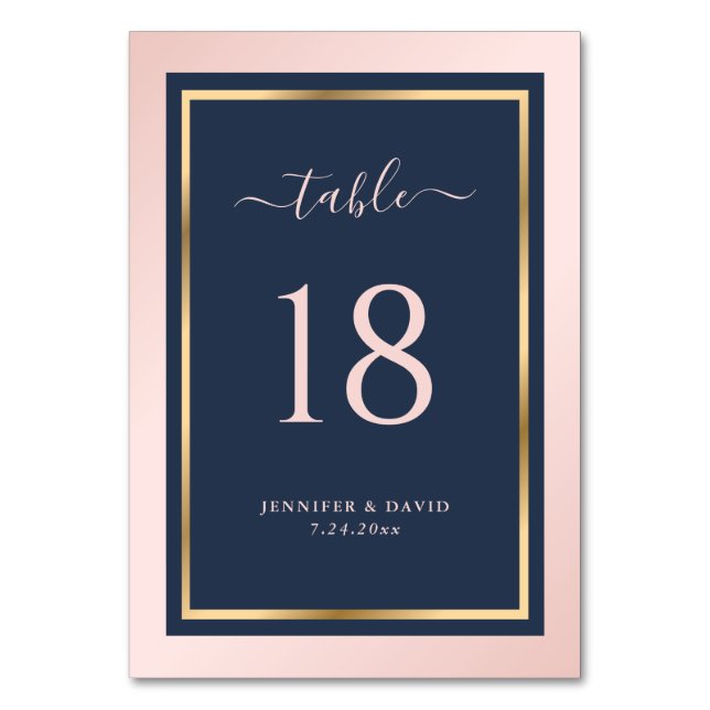 Navy Blue Blush and Gold Wedding Table Number (Front)