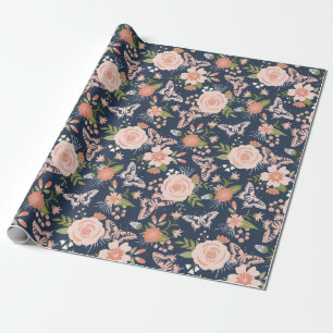 Navy Blue & Blush Botanical Floral Wrapping Paper