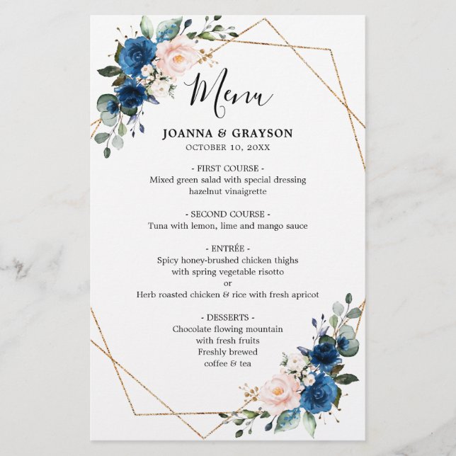 Navy Blue Blush Botanical Geometric Wedding Menu (Front)