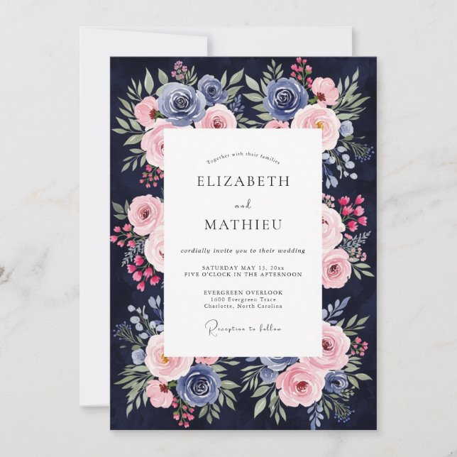 Navy Blue Blush Botanical Romance Wedding Invitation (Front)
