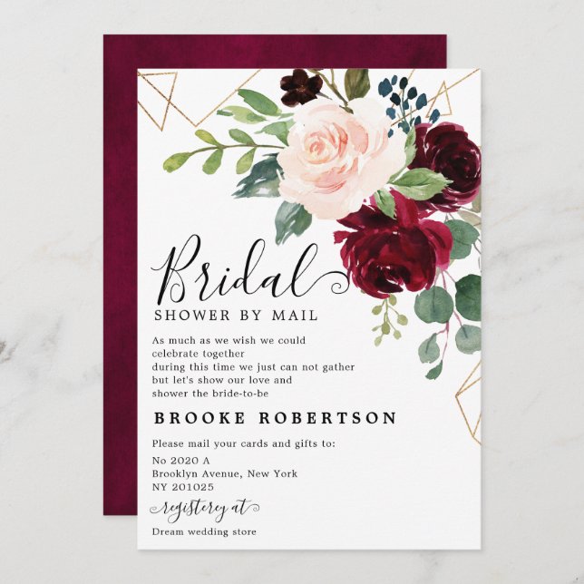 Navy Blue Blush Burgundy Bridal Shower by mail Invitation (Front/Back)
