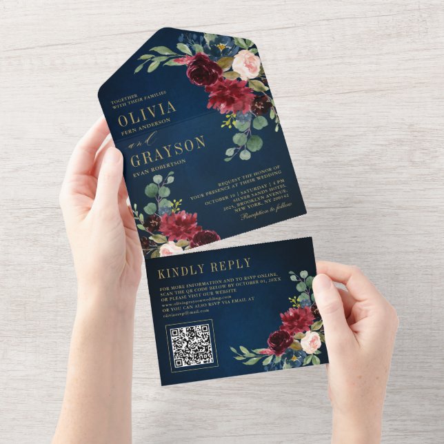 Navy Blue Blush Burgundy Gold Botanical Wedding All In One Invitation (Tearaway)