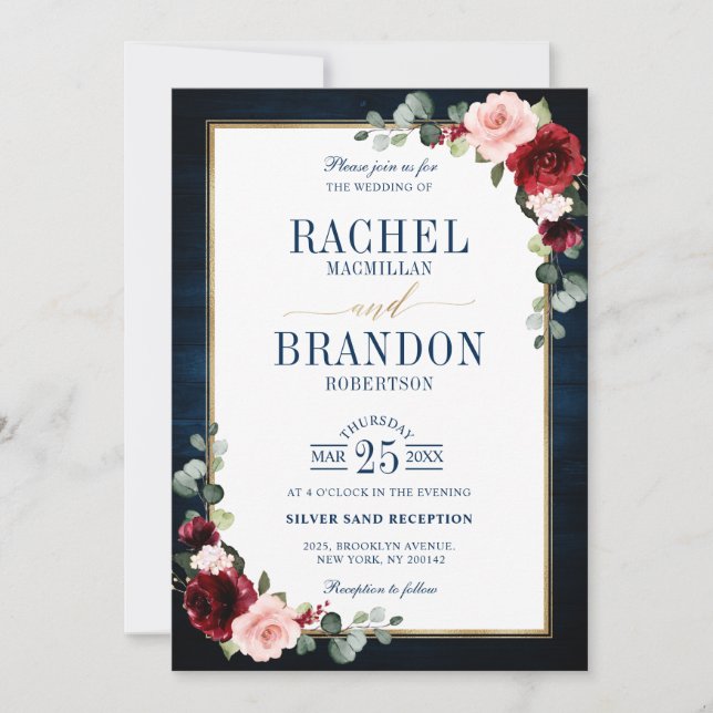 Navy Blue Blush Burgundy Gold Geometric Wedding In Invitation (Front)