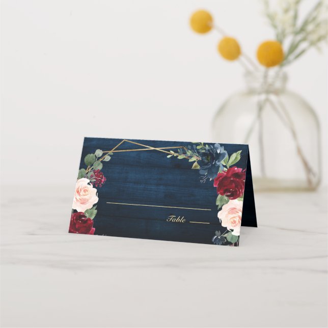 Navy Blue Blush Burgundy Gold Geometric Wedding Pl Place Card (Back)
