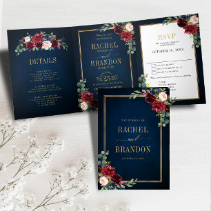 Navy Blue Blush Burgundy Gold Geometric Wedding Tr Tri-Fold Announcement
