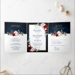 Navy Blue Blush Burgundy Gold Geometric Wedding Tr Tri-Fold Announcement<br><div class="desc">Dark navy blue burgundy floral geometric wedding Invitation featuring elegant bouquet of navy blue, royal blue , white , blush, burgundy, marsala rose and sage green eucalyptus leaves and elegant gold glitter geometric neutral frame. Please contact me for any help in customisation or if you need any other product with...</div>