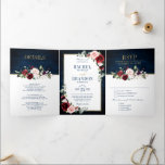 Navy Blue Blush Burgundy Gold Geometric Wedding Tr Tri-Fold Announcement<br><div class="desc">Dark navy blue burgundy floral geometric wedding Invitation featuring elegant bouquet of navy blue, royal blue , white , blush, burgundy, marsala rose and sage green eucalyptus leaves and elegant gold glitter geometric neutral frame. Please contact me for any help in customisation or if you need any other product with...</div>
