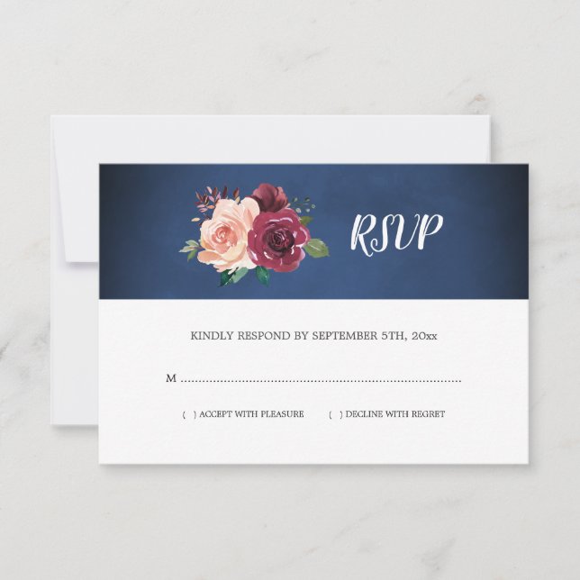 Navy Blue Blush Burgundy Rose Floral Wedding RSVP Card (Front)