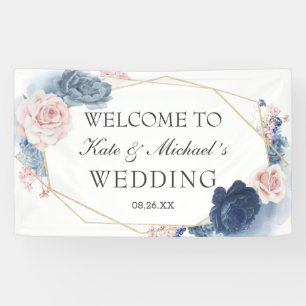 Navy Blue Blush Dusty Floral Gold Frame Wedding Banner