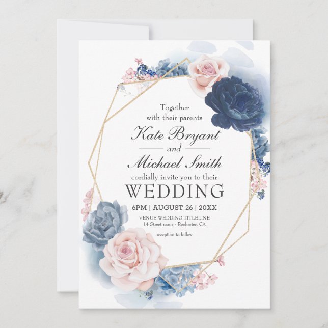 Navy Blue Blush Dusty Floral Gold Frame Wedding Invitation (Front)