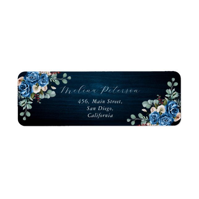 Navy Blue Blush Dusty Floral Wedding Address (Front)