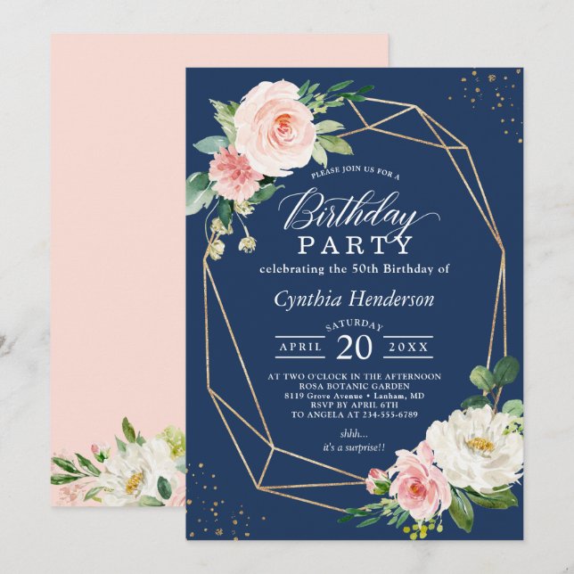 Navy Blue Blush Floral Adult Birthday Party Invitation (Front/Back)