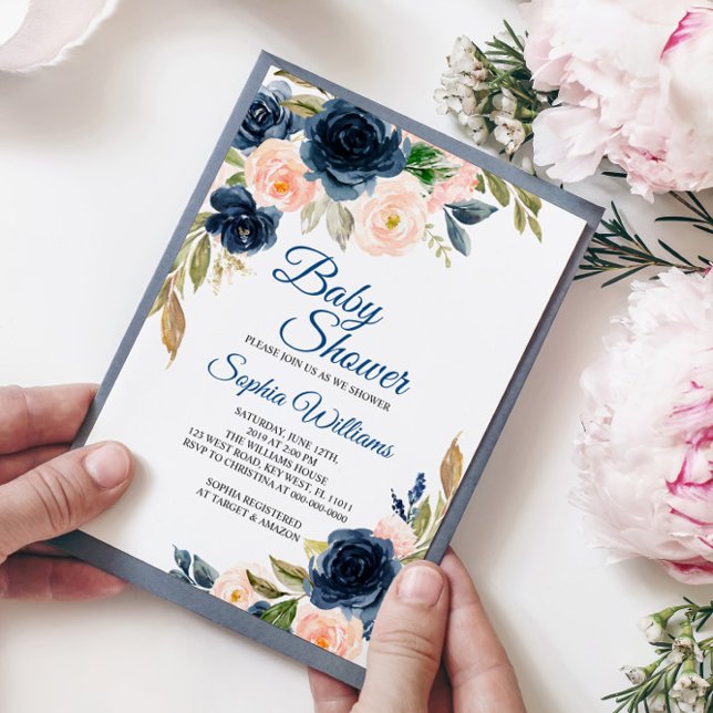 Navy Blue & Blush Floral Baby Shower Invitation (Creator Uploaded)