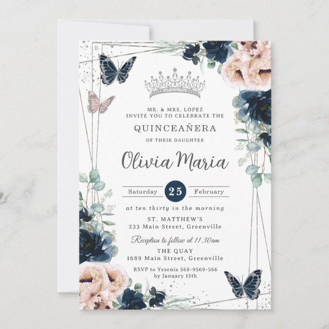 Navy Blue Blush Floral Butterflies Quinceañera Invitation (Front)