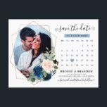 Navy Blue Blush Floral Calendar Save the Date Postcard<br><div class="desc">Dark navy blue floral save the date card featuring elegant bouquet of navy blue,  royal blue ,  white ,  blush rose and sage green eucalyptus leaves. Please contact me for any help in customisation or if you need any other product with this design.</div>