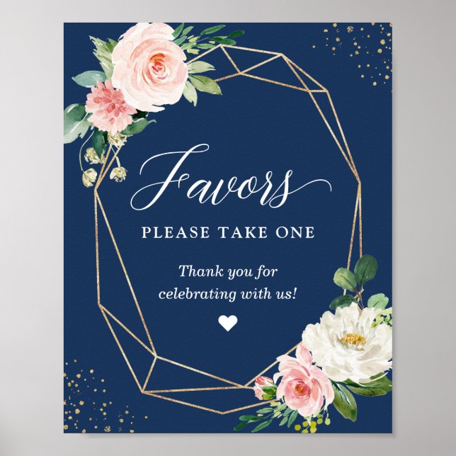 Navy Blue Blush Floral Favours Please Take One Sig Poster (Front)