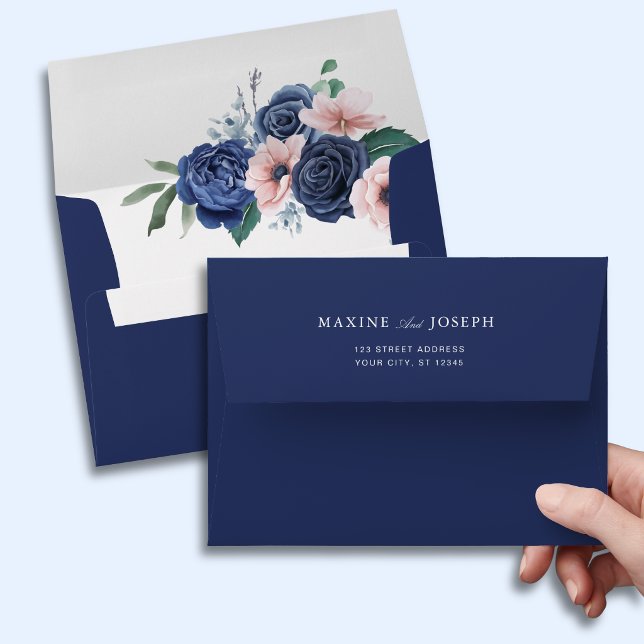 Navy Blue & Blush Floral Geometric Wedding Envelope (Navy blue and blush floral envelope creates a polished and romantic first impression.)