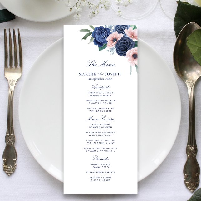 Navy Blue & Blush Floral Geometric Wedding Menu (Navy blue and blush floral wedding menu adds elegant charm to every place setting.)
