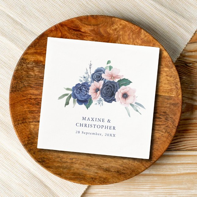 Navy Blue & Blush Floral Geometric Wedding Napkin (Navy blue and blush floral wedding napkins add elegant charm to your celebration.)