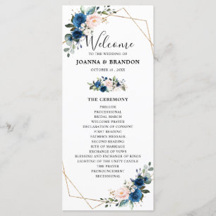 Navy Blue Blush Floral Geometric Wedding Programme