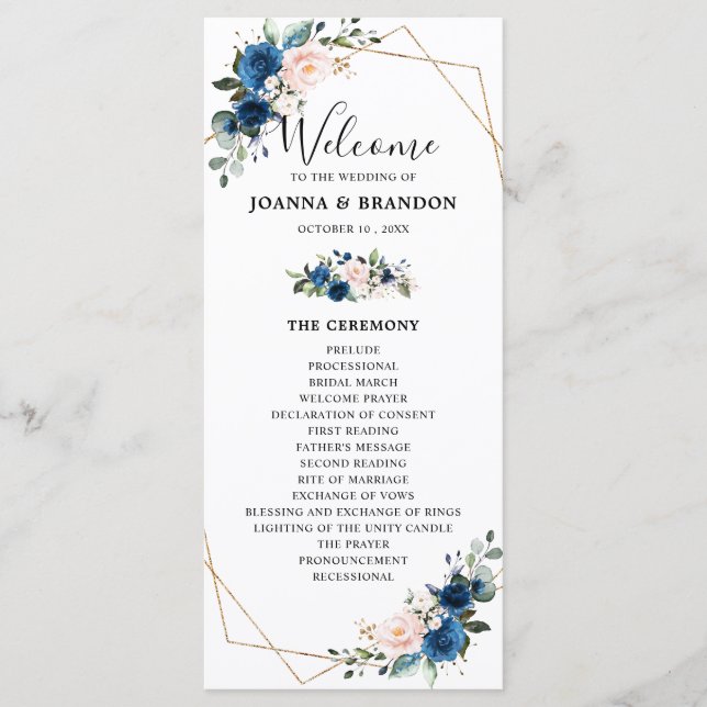 Navy Blue Blush Floral Geometric Wedding Programme (Front)