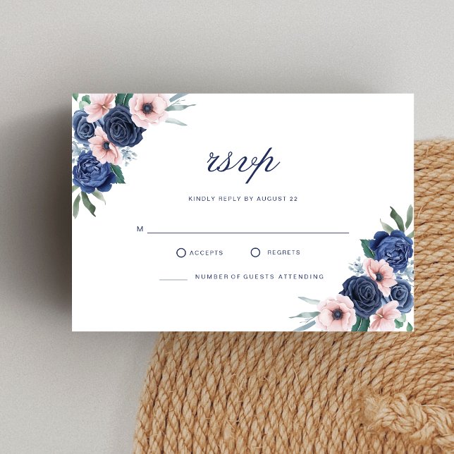 Navy Blue & Blush Floral Geometric Wedding RSVP Card (Navy blue and blush floral RSVP card keeps wedding planning organized with elegance.)