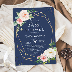 Navy Blue Blush Floral Gold Geometric Baby Shower Invitation