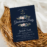Navy blue blush floral law school graduation party invitation<br><div class="desc">An elegant photo graduation invitation card with blue and white colours and navy blush and blush watercolor flowers. The text details and image can be personalised.</div>