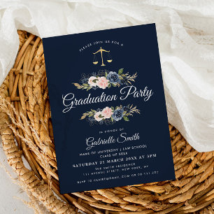 Navy blue blush floral law school graduation party invitation