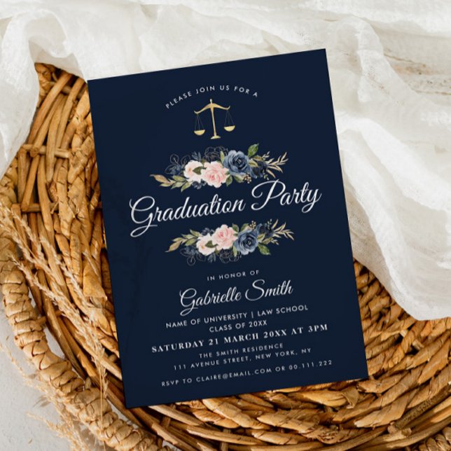 Navy blue blush floral law school graduation party invitation (Creator Uploaded)