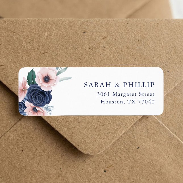 Navy Blue & Blush Floral Return Address  (Navy blue and blush floral return address label adds polished style to every envelope.)