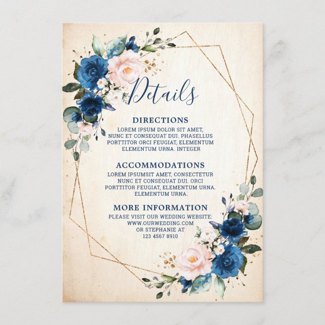 Navy Blue Blush Floral Rustic Geometric Wedding Enclosure Card (Front)
