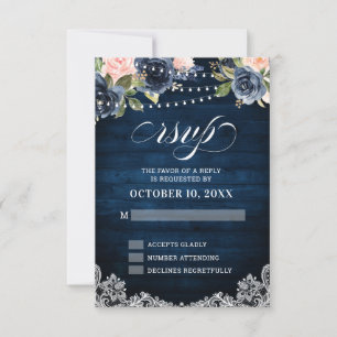 Navy Blue Blush Floral Rustic String Light RSVP Card