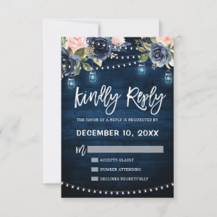Navy Blue Blush Floral Rustic String Light RSVP Card
