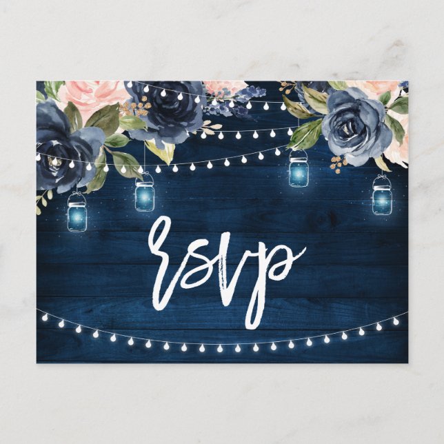 Navy Blue Blush Floral Rustic String Light RSVP Postcard (Front)