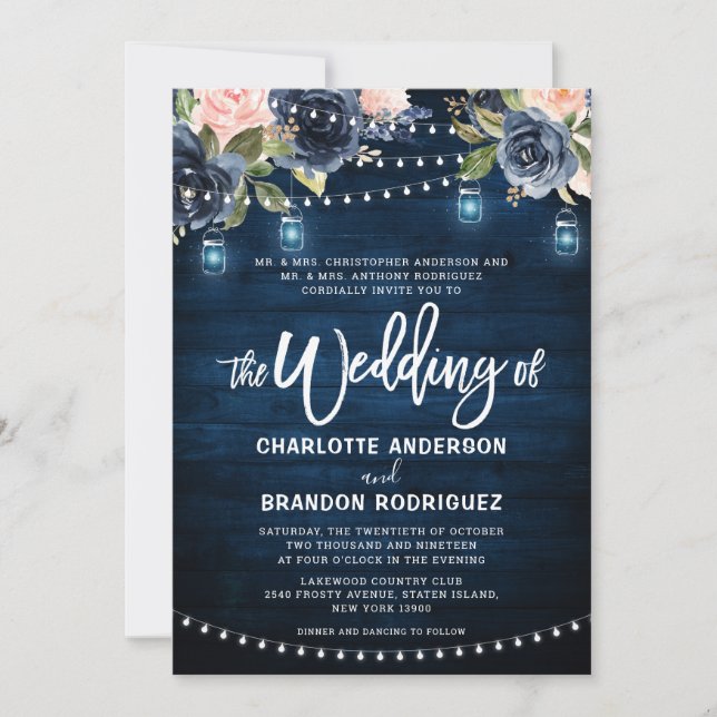 Navy Blue Blush Floral Rustic String Light Wedding Invitation (Front)