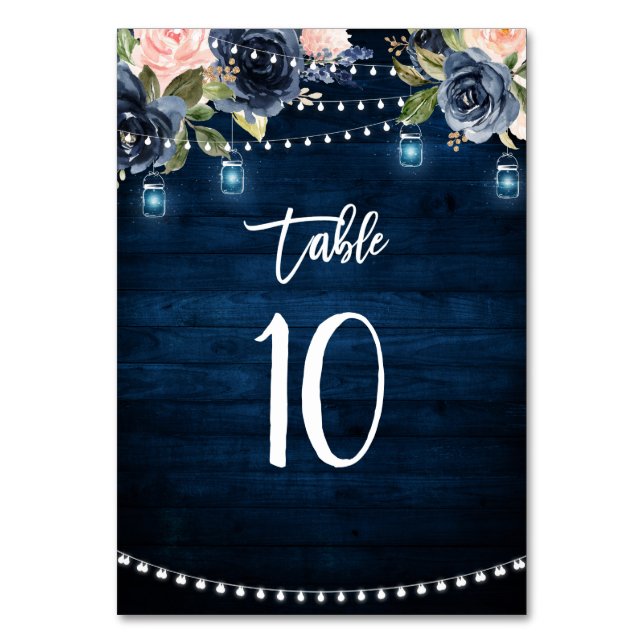 Navy Blue Blush Floral String Lights Table Number (Front)